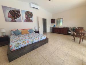 a large bedroom with a bed and a kitchen at Pool House with Shared Pool Access in David