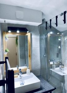 La salle de bains est pourvue d'un lavabo, d'une douche et d'un miroir. dans l'établissement At 3 cows / Chez 3 vaches, aux Contamines-Montjoie