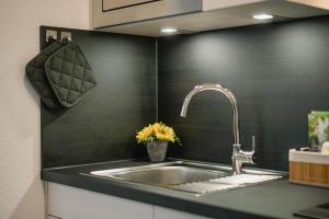 a kitchen sink with a faucet and a vase of flowers at Modernes 2-Zimmer Themen-Apartment "Heimathafen" im Zentrum in Bayreuth