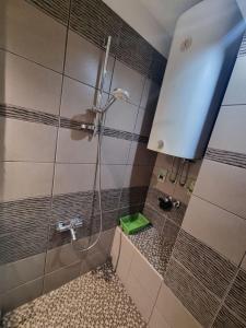 um chuveiro com uma porta de vidro na casa de banho em Hawaii 08, 2 bedrooms, with garage em Novi Beograd