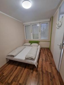 1 dormitorio con 1 cama, suelo de madera y ventanas en Hawaii 08, 2 bedrooms, with garage en Novi Beograd
