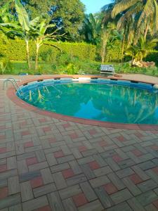 a swimming pool in a backyard with a tile floor and trees at Quinta la Rivera Villavicencio in Villavicencio