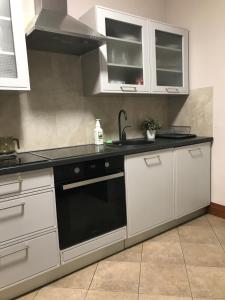 - une cuisine avec des placards blancs et un lave-vaisselle noir dans l'établissement Apartament Józefa, à Toruń