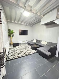 a living room with a couch and a tv at Maison Cosy , parking gratuit , 5 min aux Auxerre in Auxerre