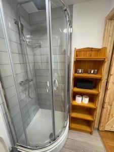 a glass shower in a bathroom with a shelf at One bedroom Countryside Annexe in Boars Hill