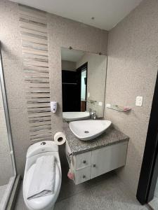 bagno con servizi igienici, lavandino e specchio di Hostal Entre Ríos a Cuenca