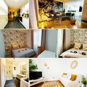 a collage of three pictures of a living room at Le Cosy Paradis par Madame Conciergerie in Bruz