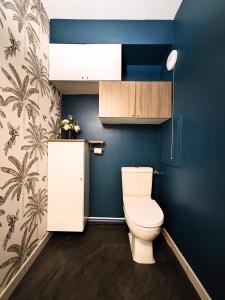 a bathroom with a toilet and a blue wall at Maison de Charme - parking gratuit près de Paris & métro in Villejuif