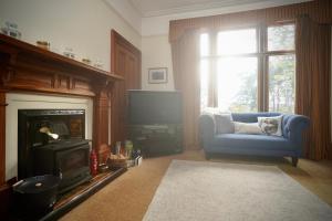 ein Wohnzimmer mit einem blauen Stuhl und einem TV in der Unterkunft Ardchoile, Cairngorms - Escape Cottages Scotland in Kingussie