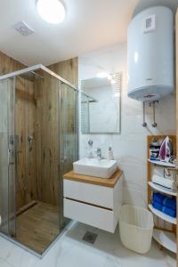 een badkamer met een glazen douche en een wastafel bij Apartmani Oktobar 06 in Zlatibor
