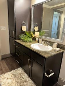 Luxury Apartment in Dallas في أديسون: حمام مع حوض ومرآة