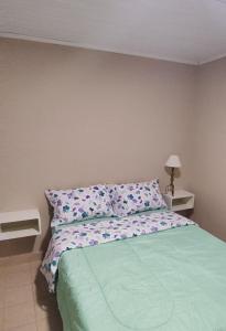 um quarto com uma cama com um edredão verde em La Rosadita House em Jardín América