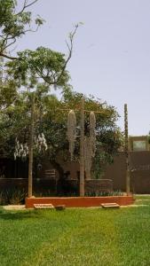 トルヒーリョにあるDE SOL Y BARRO Moche Trujilloの芝生のベンチ2つが備わる公園