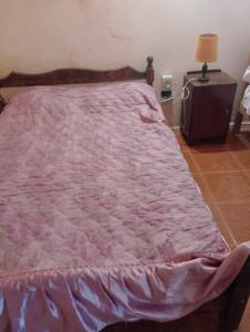 Una cama con una manta rosa encima. en La cabaña en Mar de Ajó