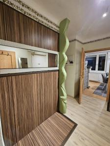 a room with a wooden wall with a green door at Omega Suite 6 min to Center in Vienna