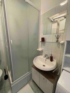 W łazience znajduje się umywalka i przeszklony prysznic. w obiekcie Apartman III u centru Kutine w mieście Kutina