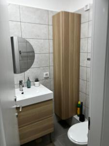 uma casa de banho com um lavatório, um espelho e um WC. em דירת רויאלטי עם חצר ונוף לשמורת טבע בפסגות אפק em Rosh Ha‘Ayin