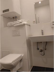 Baño blanco con aseo y lavamanos en Appartment salzburg city center, en Salzburgo