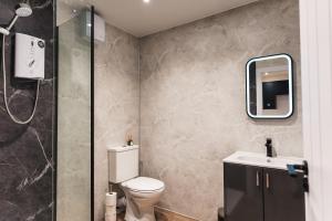 a bathroom with a shower and a toilet and a sink at Wych Cottage, Striking 2 Bed, Parking, Ground Floor Flat - Step Free in Somerton +23 photos