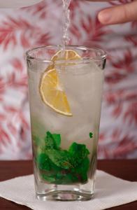 a glass of water with a lemon and mint at Trinitarios in Barichara