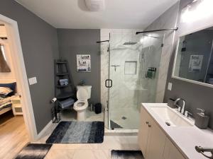 a bathroom with a shower and a toilet and a sink at Luxury home in the nature in Gleneagle