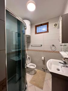 La salle de bains est pourvue d'une douche, de toilettes et d'un lavabo. dans l'établissement *Getaway for Relaxation! 12 min to airport!*, à Kamëz