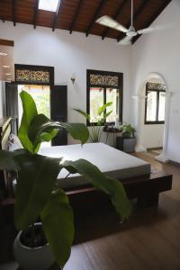 - une chambre avec un lit et une plante en pot dans l'établissement Roots Retreat, à Unawatuna