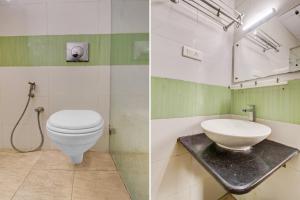 two pictures of a bathroom with a toilet and a sink at Udayee International Hotel in Tirupati