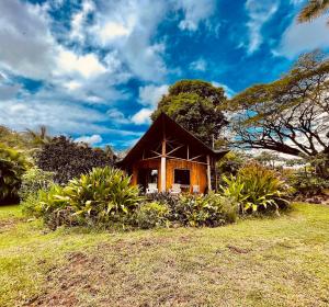 a small house in the middle of a field at Kalani Oceanside Retreat in Pahoa