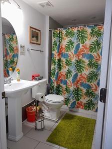 a bathroom with a toilet and a shower curtain at Getaway in a Spacious Pool Home in Tampa