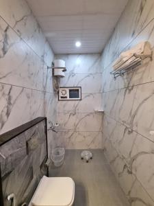 Green Villa في أودايبور: حمام به مرحاض وجدار من الرخام