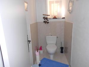 uma pequena casa de banho com um WC e um tapete azul em Appartement Biron, 2 pièces, 2 personnes - FR-1-616-122 em Biron