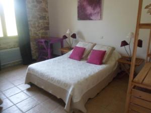 sypialnia z łóżkiem z 2 różowymi poduszkami w obiekcie jour aprés jour au mas d'alzas chambres d hotes et gite w mieście Serviers-et-Labaume