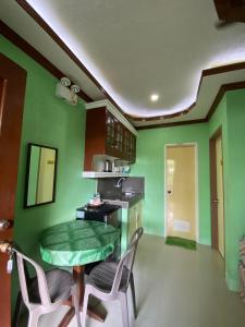 a kitchen with green walls and a green table and chairs at Merangie Travellers Inn in Dauis