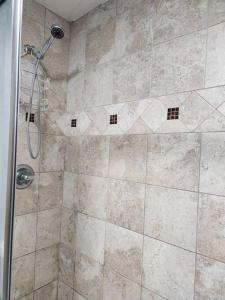 um chuveiro numa casa de banho com uma porta de vidro em Blue Shark *E1* @ Midtown Large 1BR King Suite em Houston