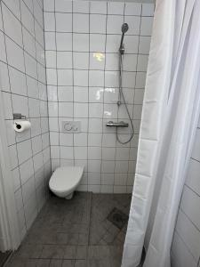 La salle de bains est pourvue d'une douche et de toilettes. dans l'établissement Grünerløkka shared Apartment Rooms, à Oslo
