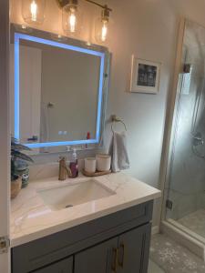 ein Badezimmer mit einem Waschbecken und einem großen Spiegel in der Unterkunft Van Nuys Luxury, near to Universal Studios, and Hollywood in Los Angeles