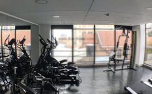 a gym with rows of treadmills and elliptical machines at Panorama central in Bogotá