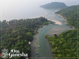 uma vista aérea de um rio com árvores e uma praia em Om Ganesha em Palolem