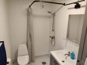 a bathroom with a shower and a toilet and a sink at Charming Cottage Close To The Beach in Vester Sømarken
