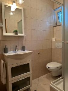 y baño con lavabo, aseo y espejo. en Apartmani Samec, en Novalja