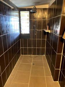 a black tiled bathroom with a shower and a window at Studio gadiamb in Saint-Joseph