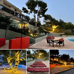 a collage of photos with a table and a pool at Finca El Otero in Aigues