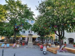 uma praça com uma estátua e árvores e scooters em Ferienhaus Stäffele em Überlingen