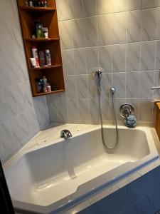 uma banheira com chuveiro na casa de banho em Cozy&spacious topfloor apartment em Schwaig bei Nürnberg