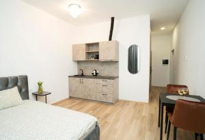 a bedroom with a bed and a table and a kitchen at Central Station Apartment No3 in Kaunas