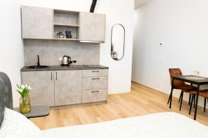 a kitchen with a sink and a table in a room at Central Station Apartment No3 in Kaunas +13 photos