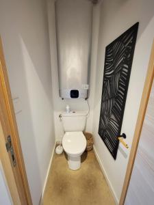 une petite salle de bains avec des toilettes et une photo sur le mur. dans l'établissement Studio cabine vue port, au Grau-du-Roi