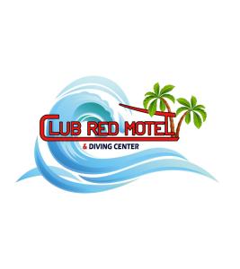 a logo for a surfing center with a wave and palm trees at Club Red Dahab Motel in Dahab