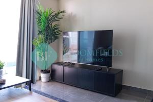 salon z telewizorem z płaskim ekranem na ścianie w obiekcie Elegant Studio In Leonardo w mieście Al Qurayyah